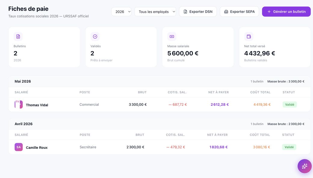 Fiches de paie NUMMA : bulletins mensuels, masse salariale et export DSN
