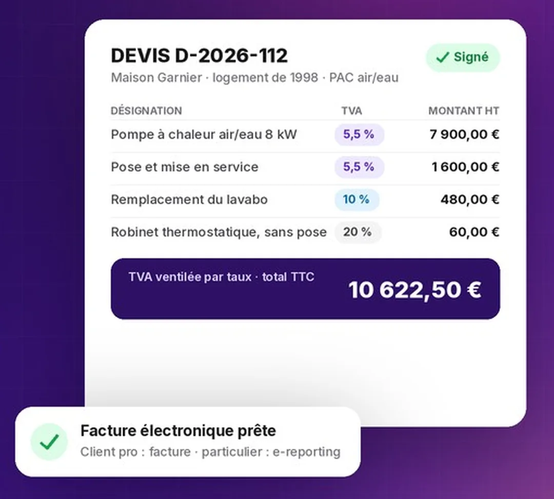 Exemple de devis de plombier-chauffagiste avec TVA à 5,5 %, 10 % et 20 % ventilée par taux